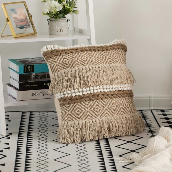 16 Handwoven Cotton Throw Pillow Cover With Embossed White Dots And Natural Fringed Pattern